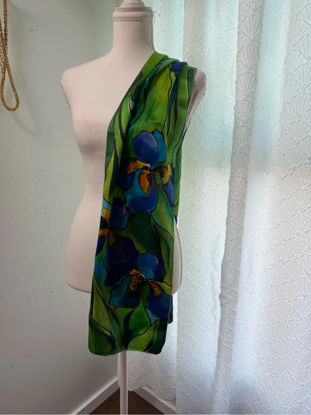 Hand-Painted Floral Silk Scarf in Green & Blue by Unbranded